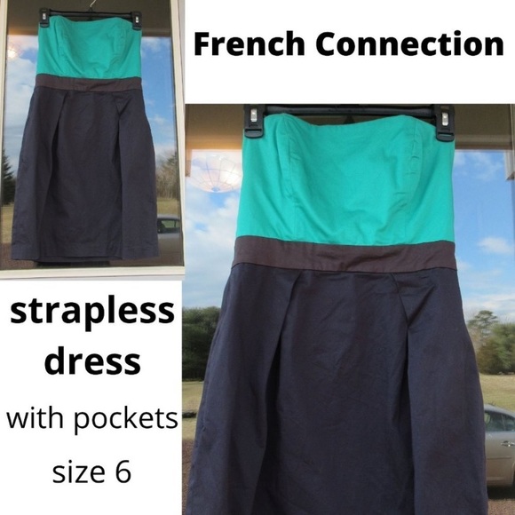 French Connection dress strapless with pockets color block office 6 - Picture 4 of 12